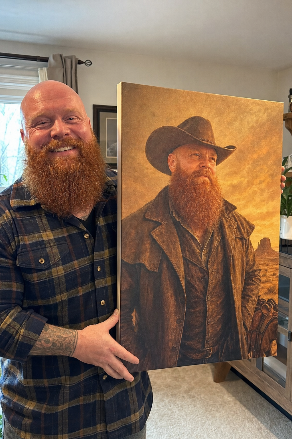 Bearded man holding his custom cowboy portrait canvas