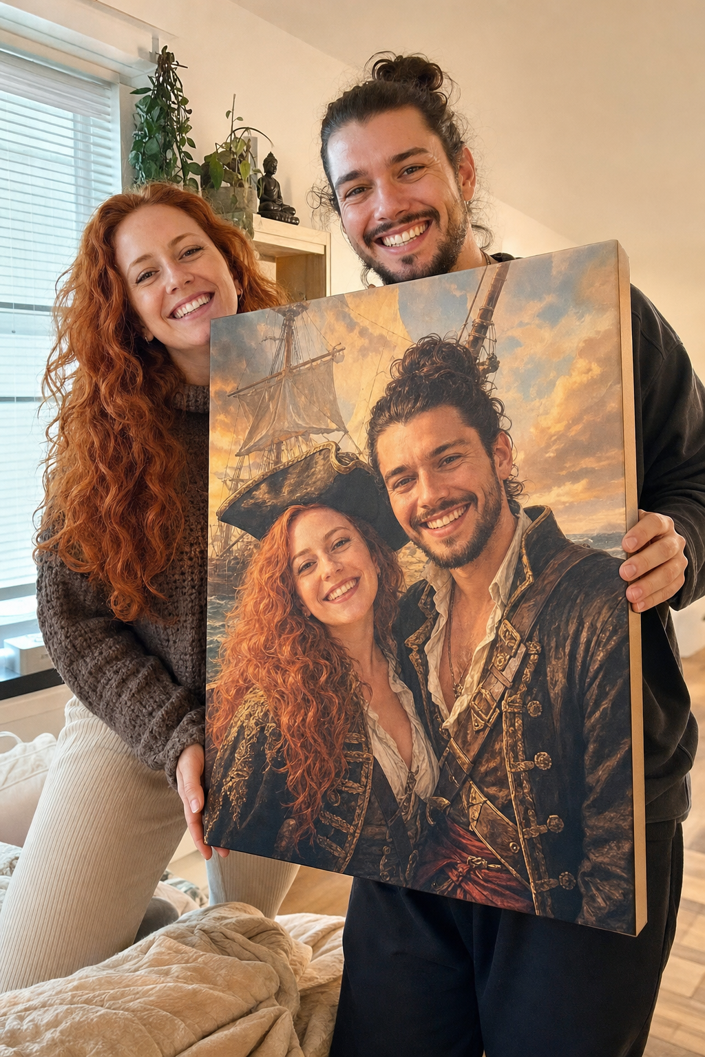 Young couple holding their custom pirate portrait canvas at home