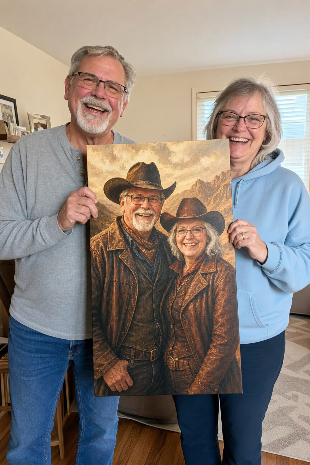 Smiling older couple holding their custom cowboy portrait canvas in the living room