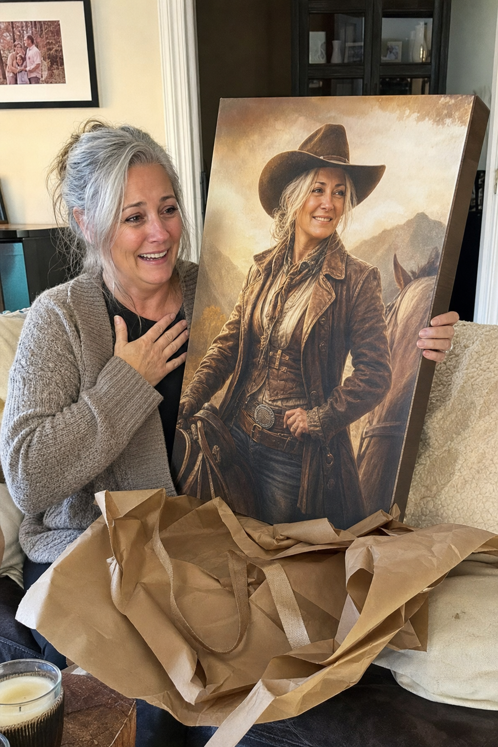 Delighted customer in her fifties unwrapping her custom cowboy couple portrait canvas