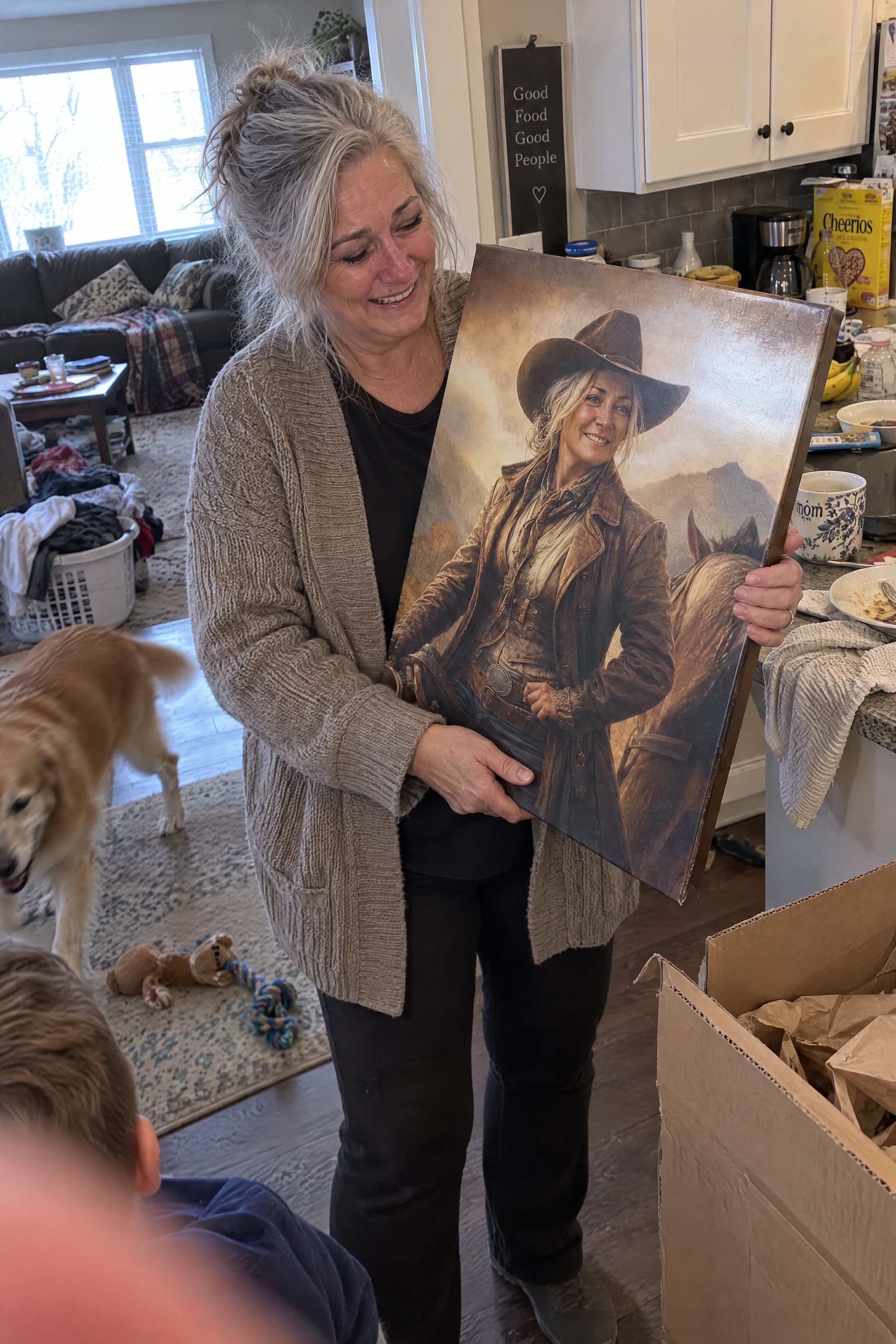 Delighted customer unwrapping her custom cowboy couple portrait canvas
