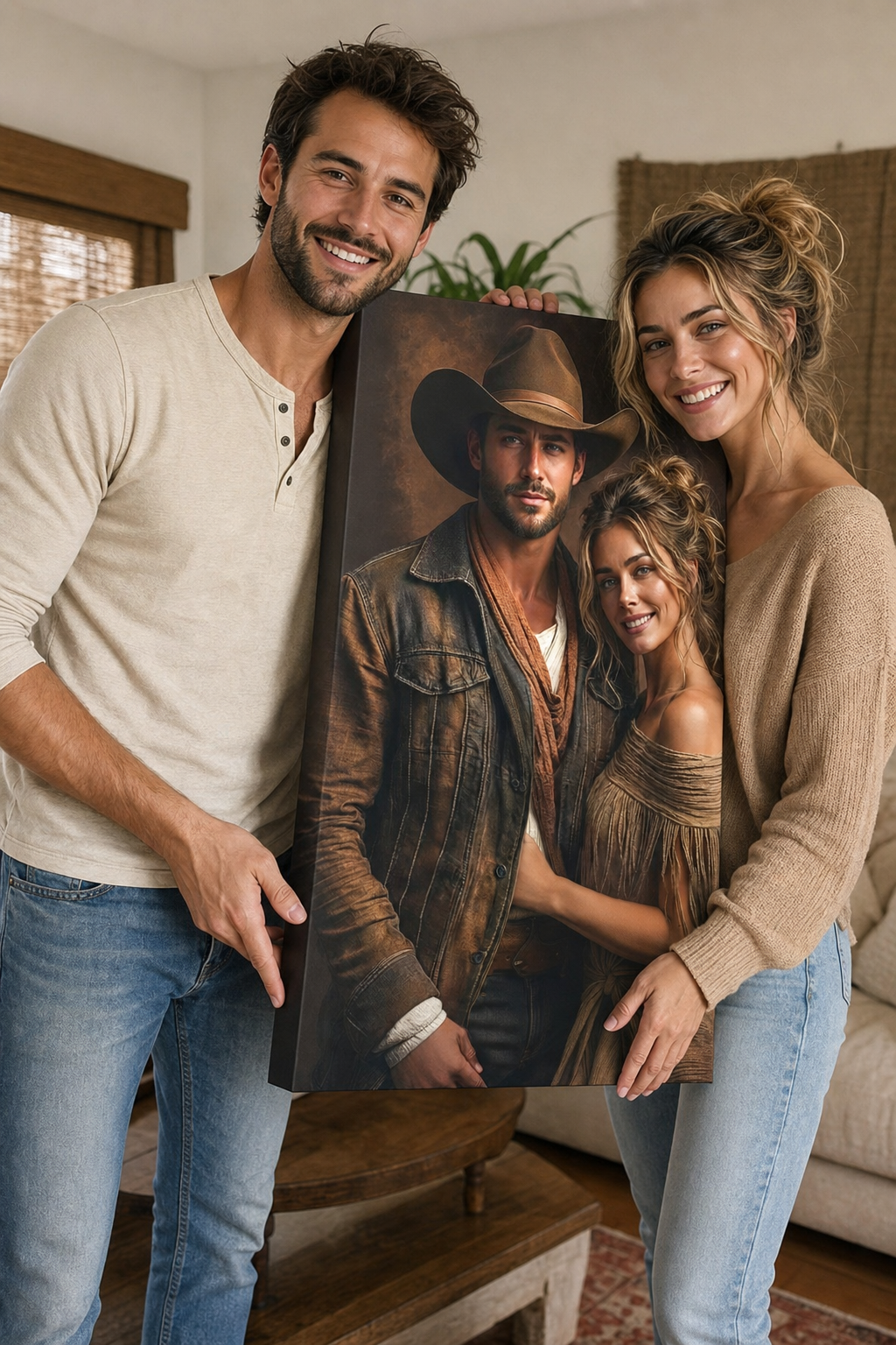 Happy customer holding her custom cowboy couple portrait canvas
