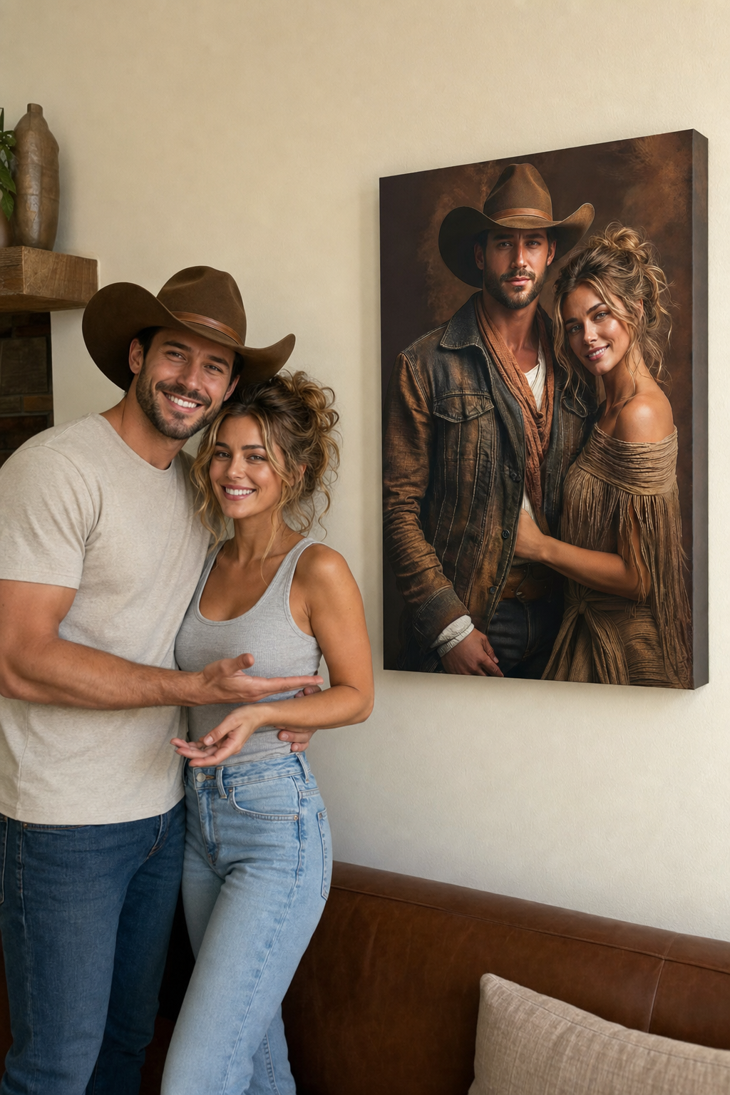 Customer pointing proudly at her custom cowboy portrait canvas on the wall