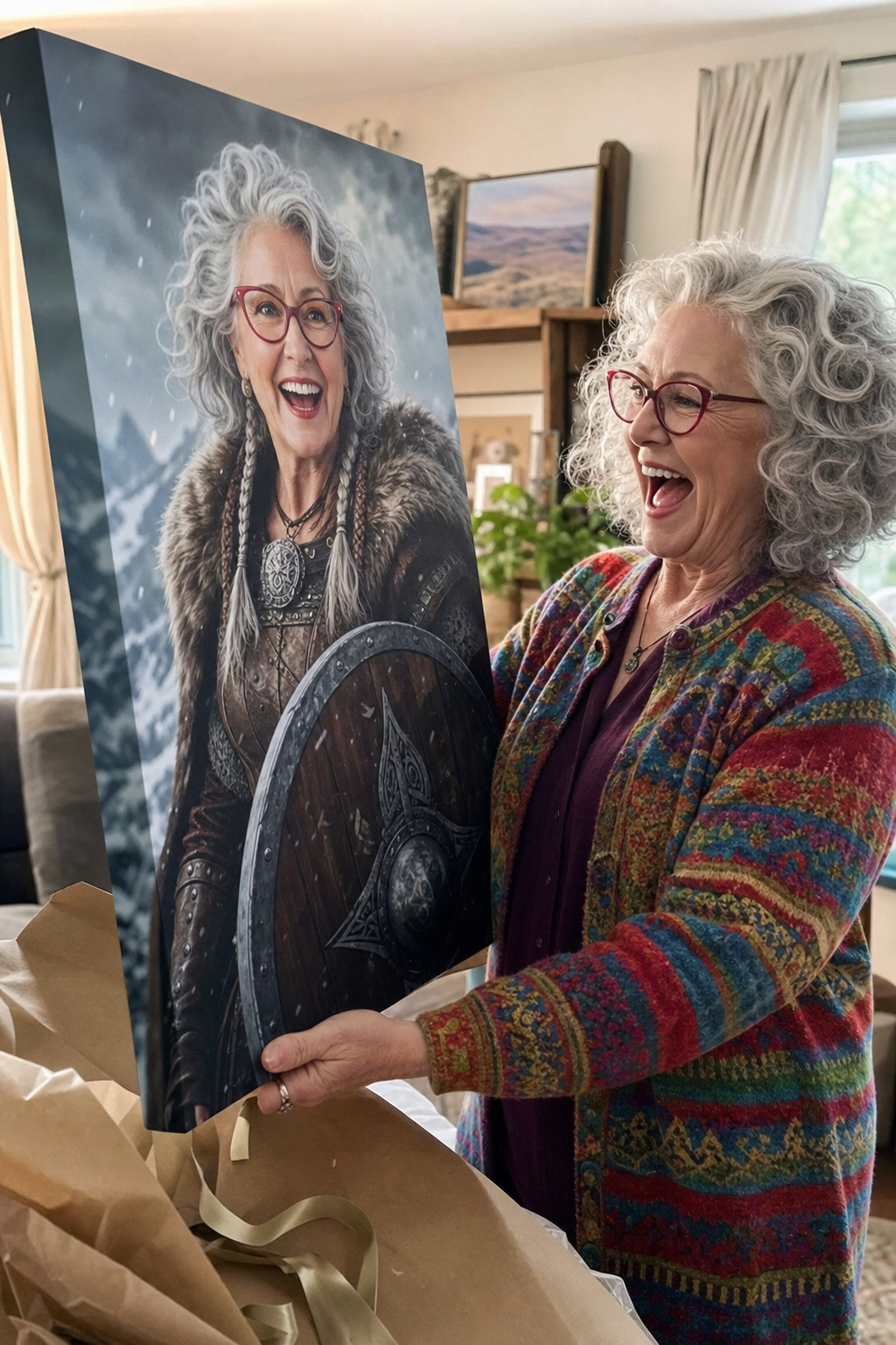 Grandmother unwrapping her custom viking portrait canvas