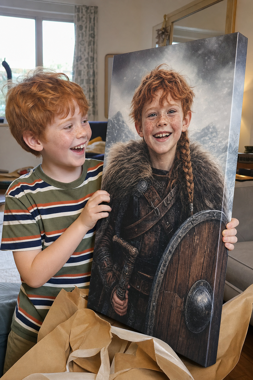 Young boy unwrapping his custom viking portrait canvas