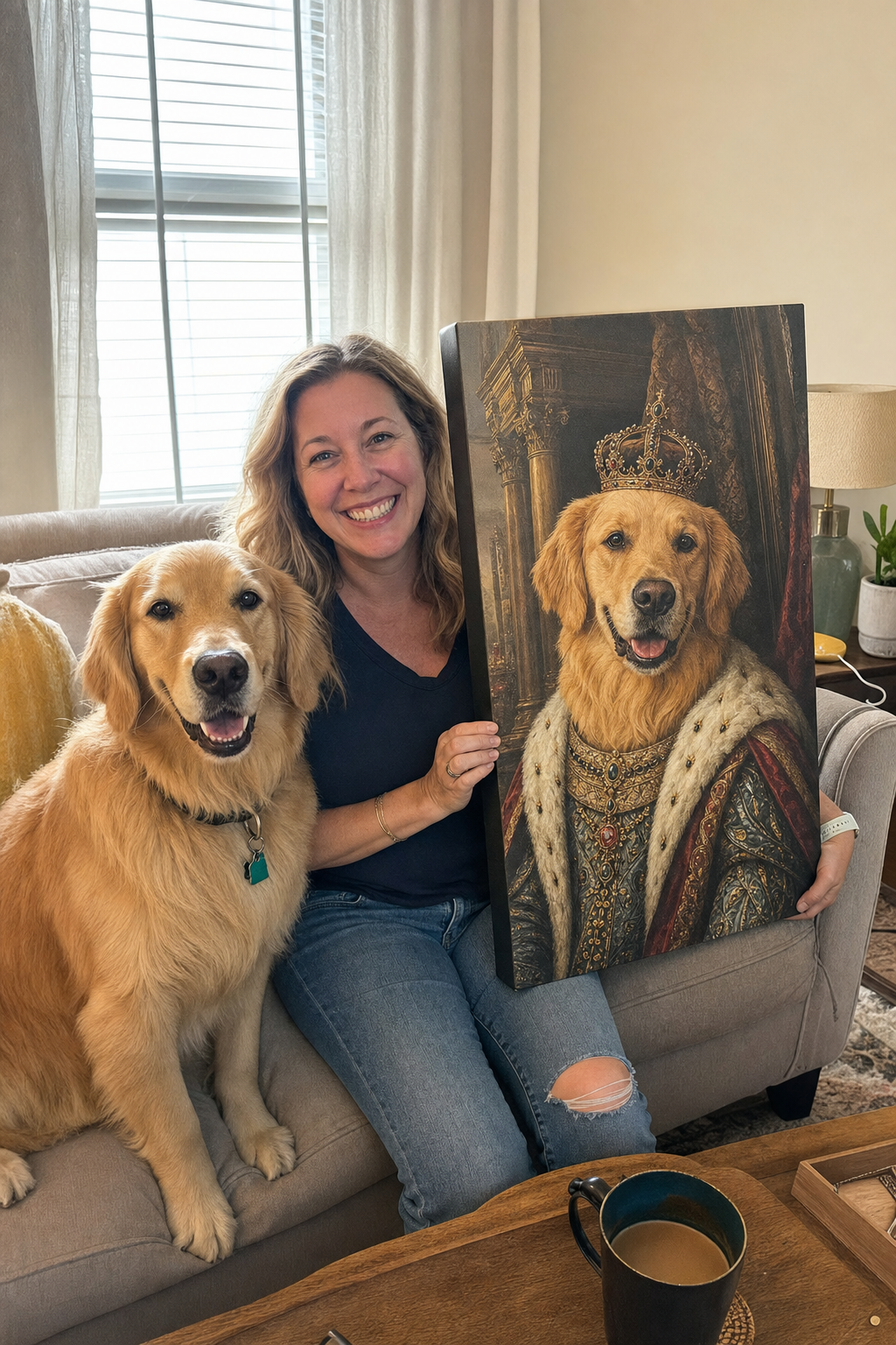 Customer with her golden retriever holding its custom royal pet portrait canvas