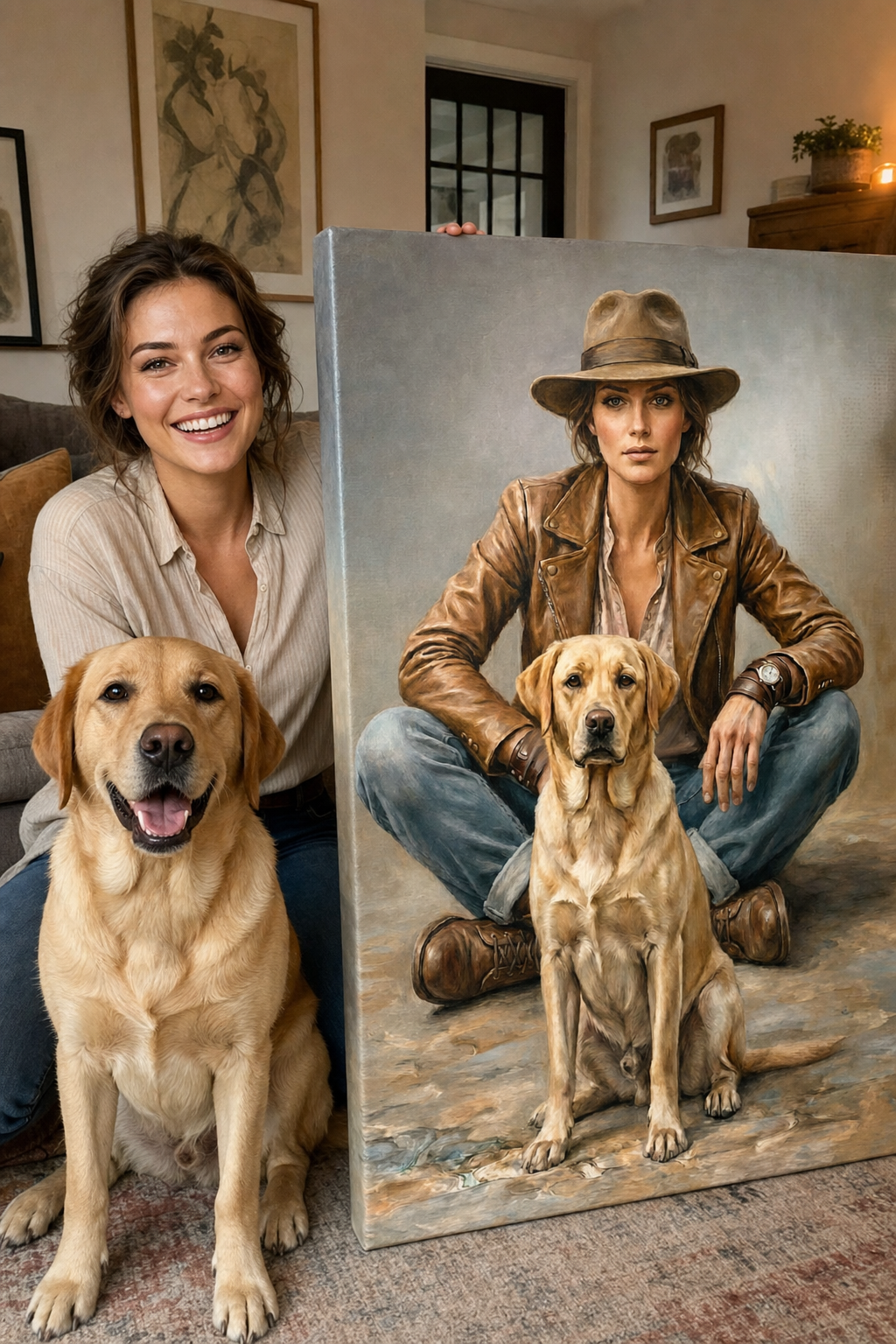 Happy customer holding her custom pet portrait canvas