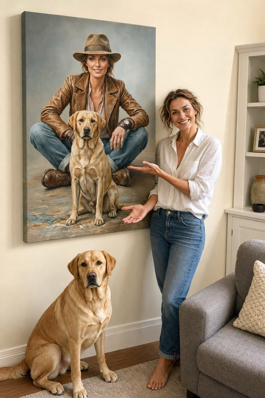 Customer with her custom pet portrait canvas at home