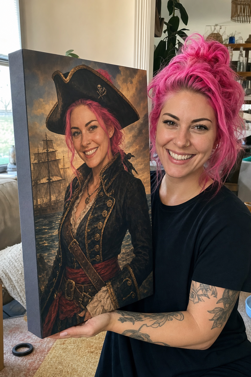 Pink-haired customer holding her custom pirate portrait canvas