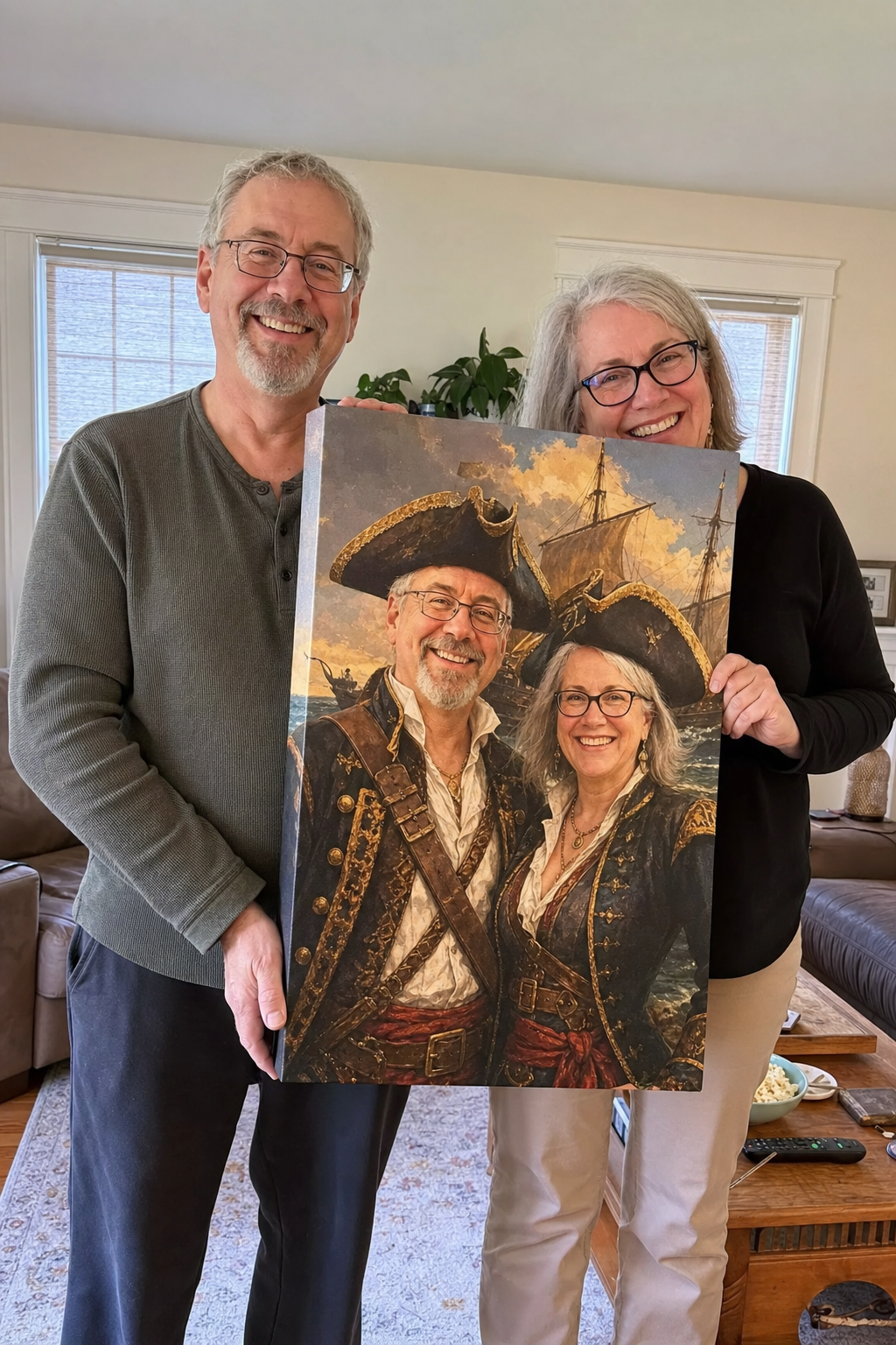 Laughing older couple holding their custom pirate portrait canvas at home