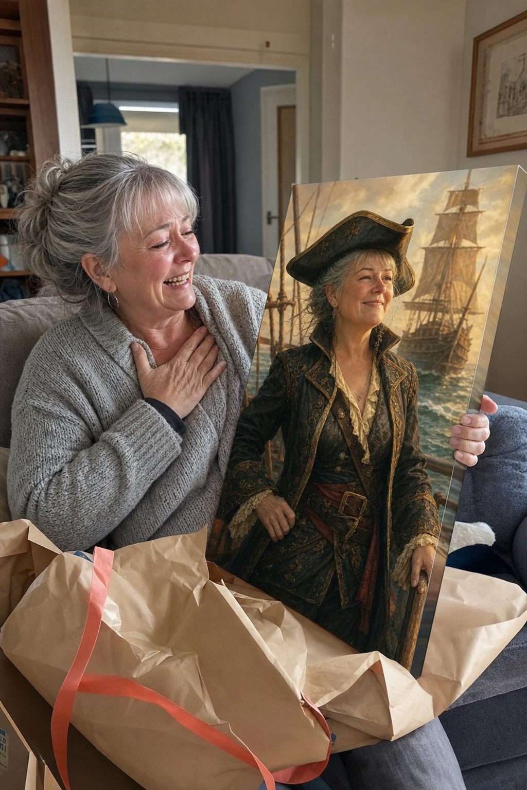 Customer in her fifties emotional as she unwraps her custom pirate portrait canvas
