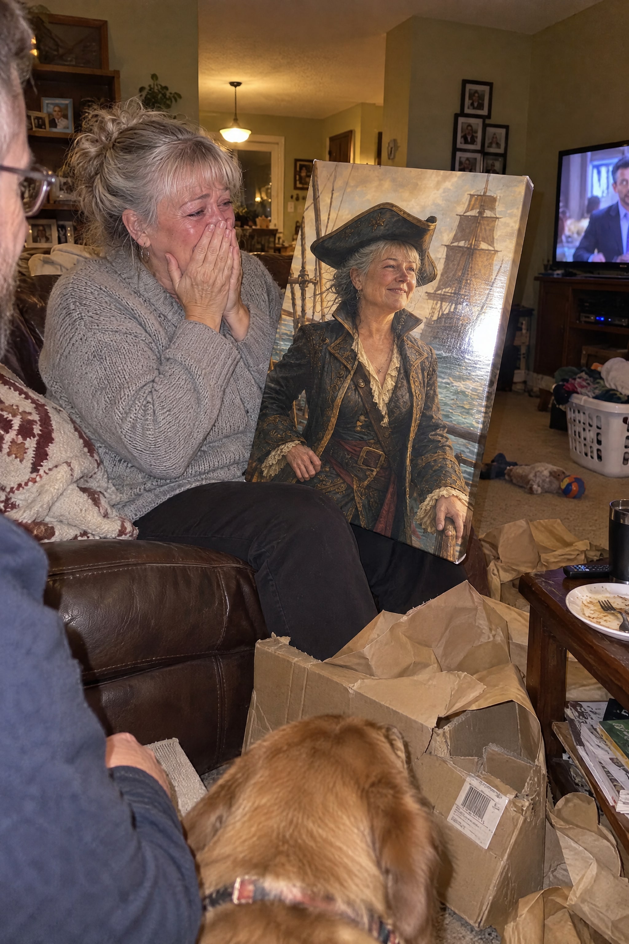 Customer emotional as she unwraps her custom pirate portrait canvas