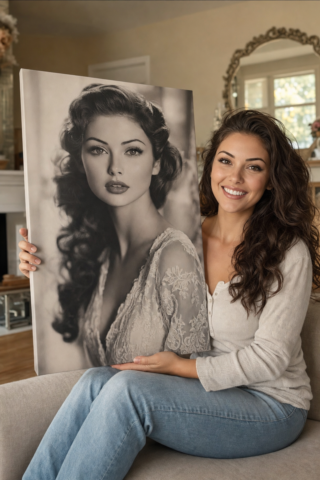 Happy customer holding her custom royal portrait canvas