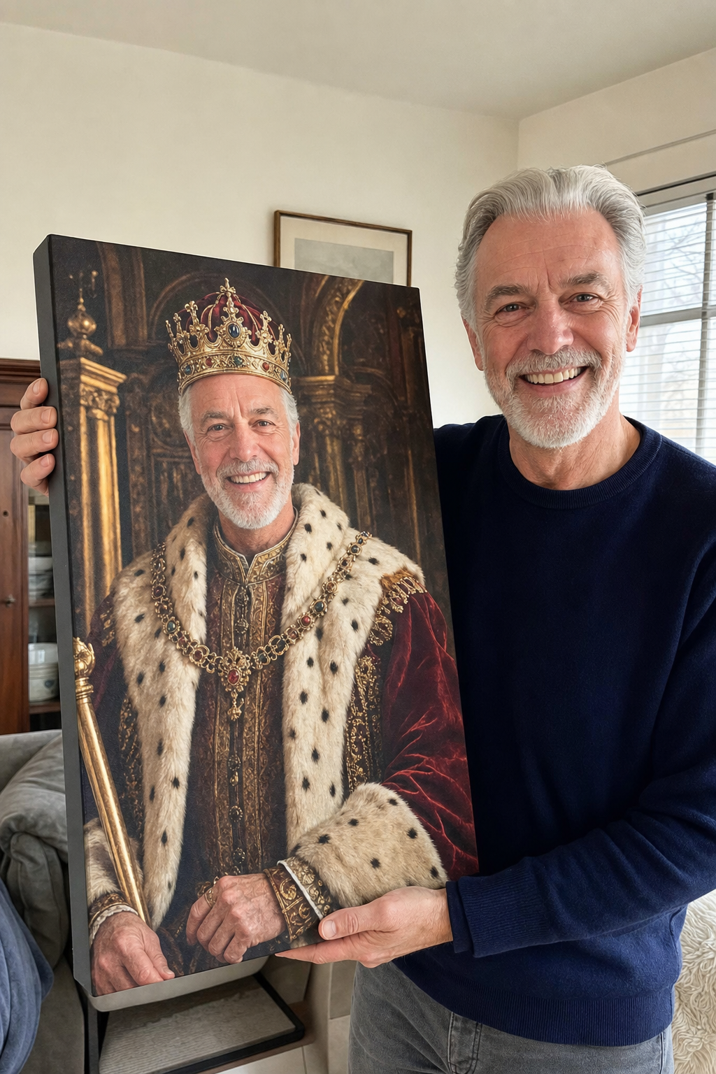 Distinguished man holding his custom regal king portrait canvas