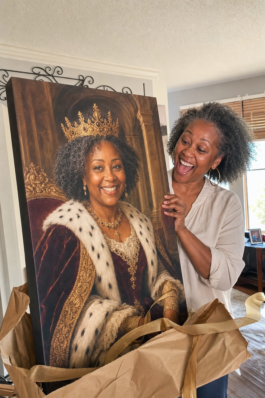 Woman unwrapping her custom regal queen portrait canvas