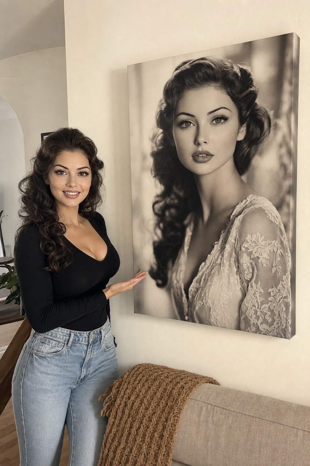 Customer admiring her custom royal portrait canvas on the wall