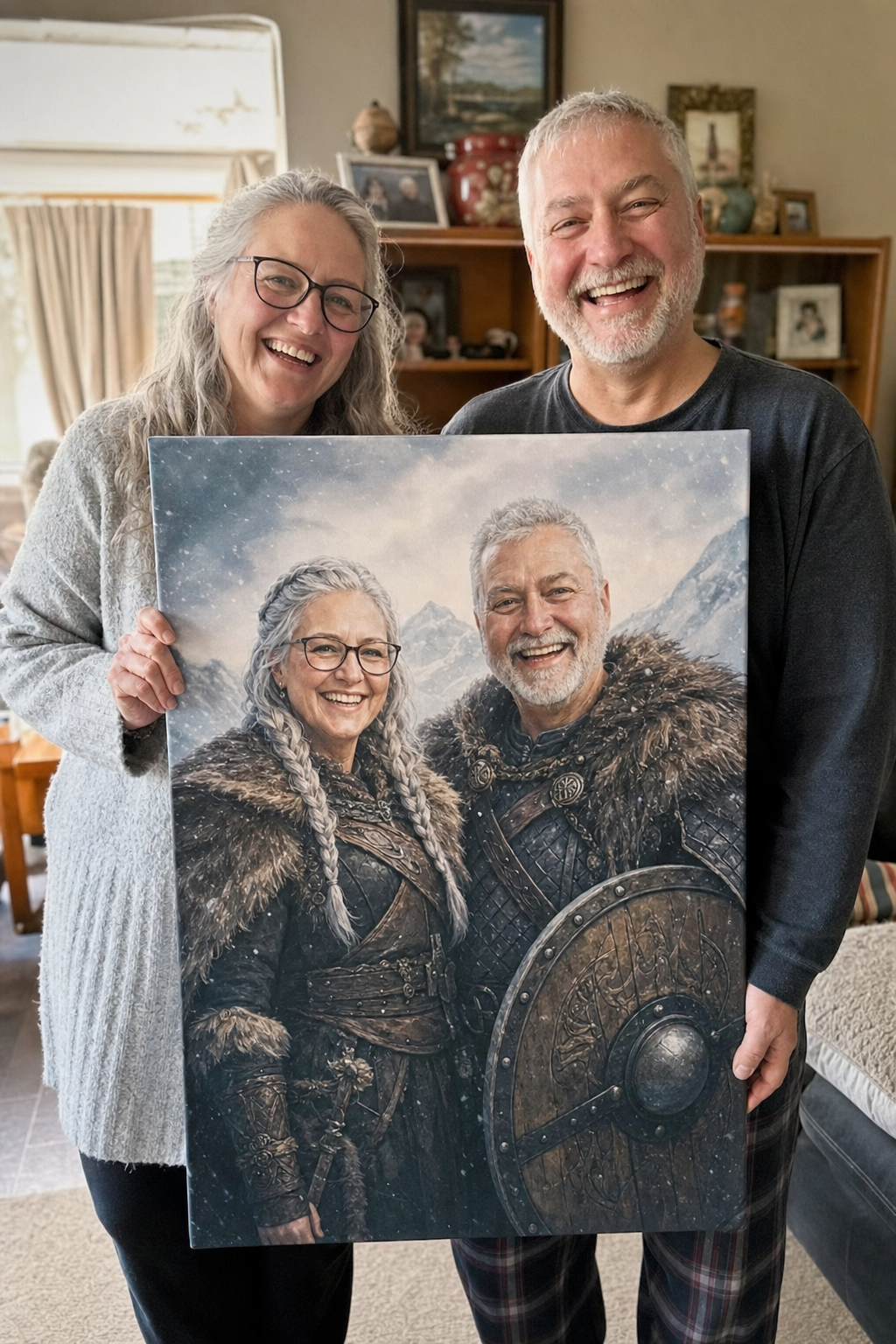 Happy older couple holding their custom viking portrait canvas at home