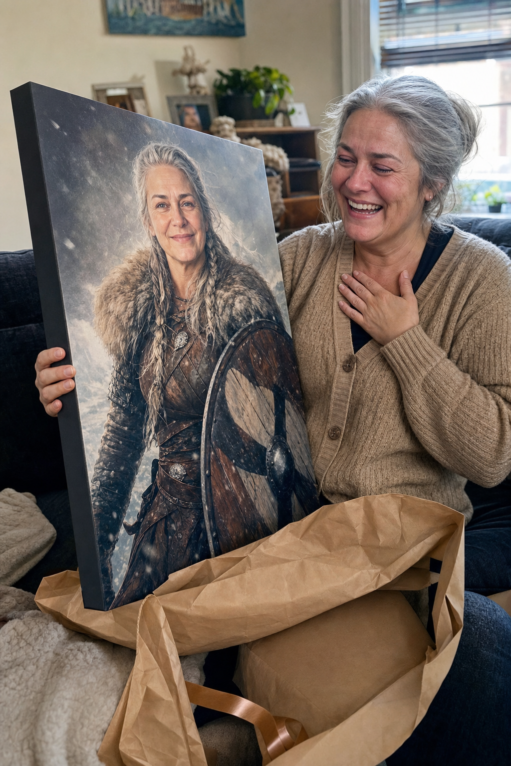 Happy customer in her fifties moved to tears by her custom viking portrait canvas