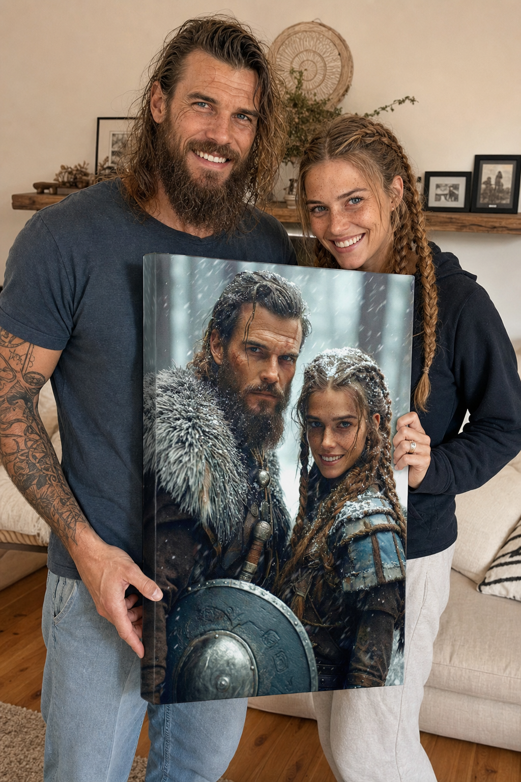 Happy customer holding her custom viking couple portrait canvas
