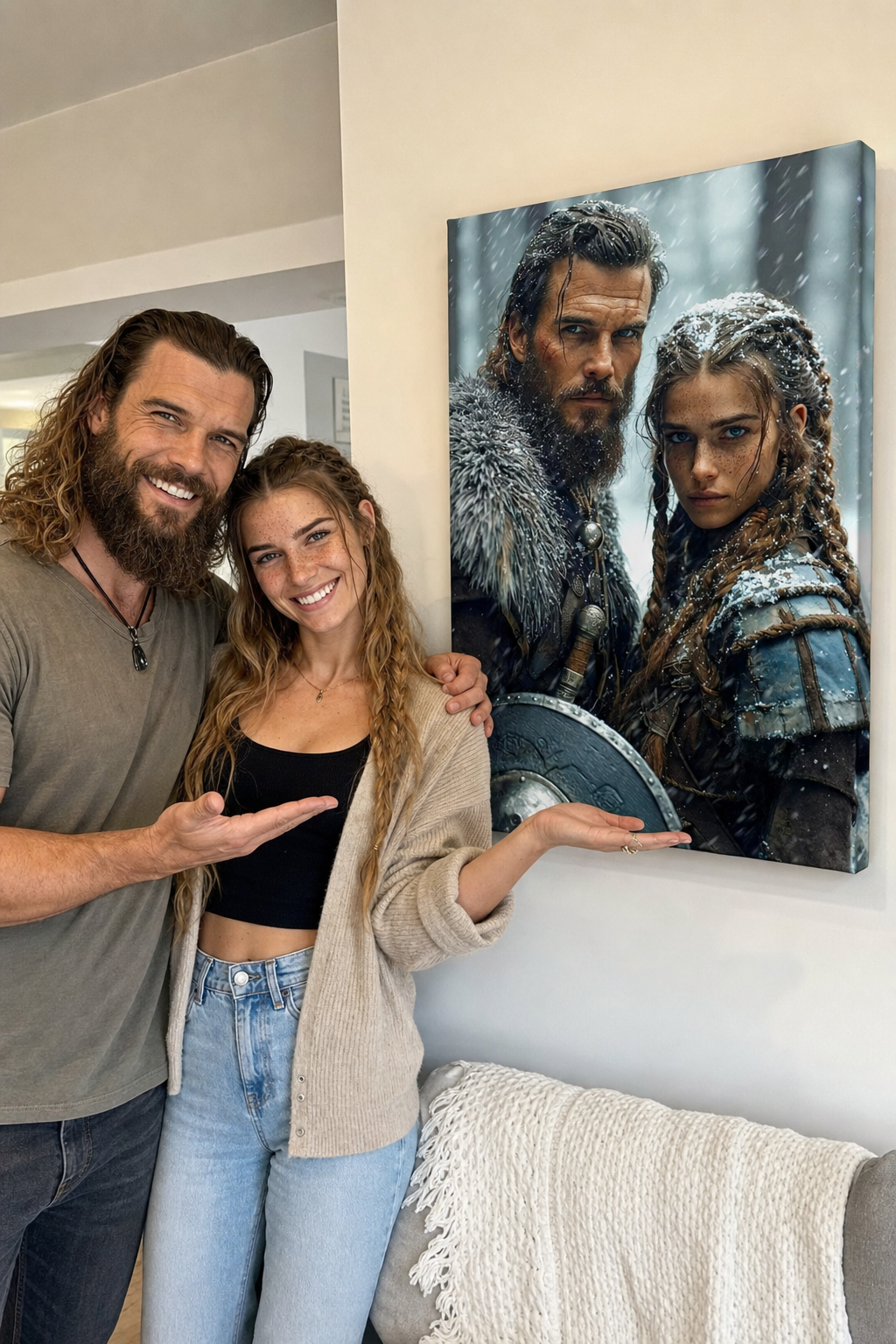 Customer admiring her custom viking portrait canvas on the wall
