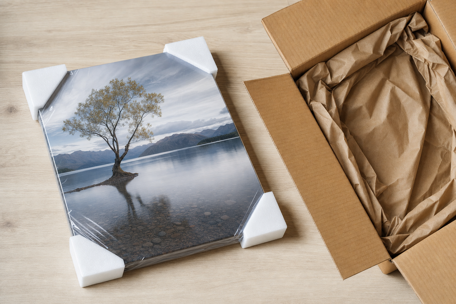 Canvas protected with corner foam and a sturdy shipping box