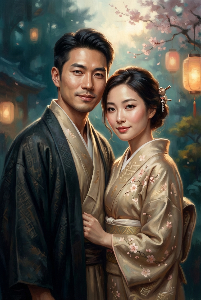Custom Japanese Royal Couple Portrait: Romantic Art