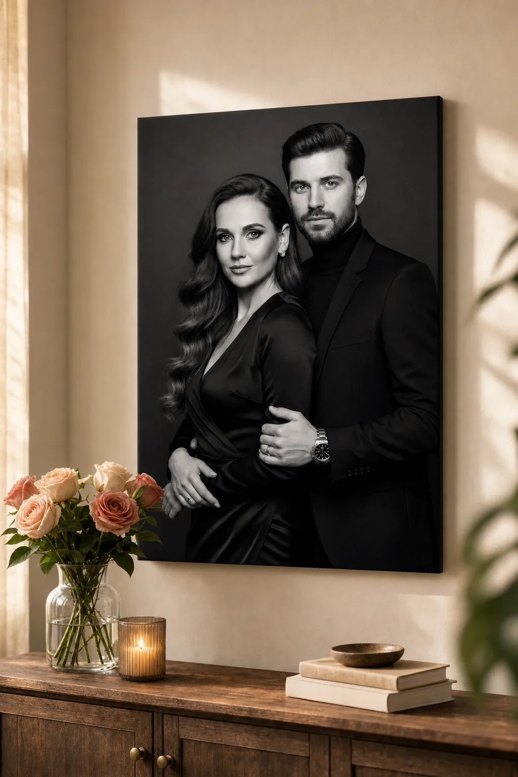 Custom couple portrait canvas displayed as a 2026 anniversary gift on a warmly lit living-room wall with roses and a candle
