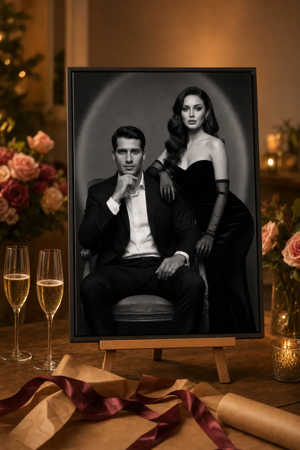 A custom couple portrait canvas on an easel styled as a milestone anniversary gift with roses, champagne and candlelight