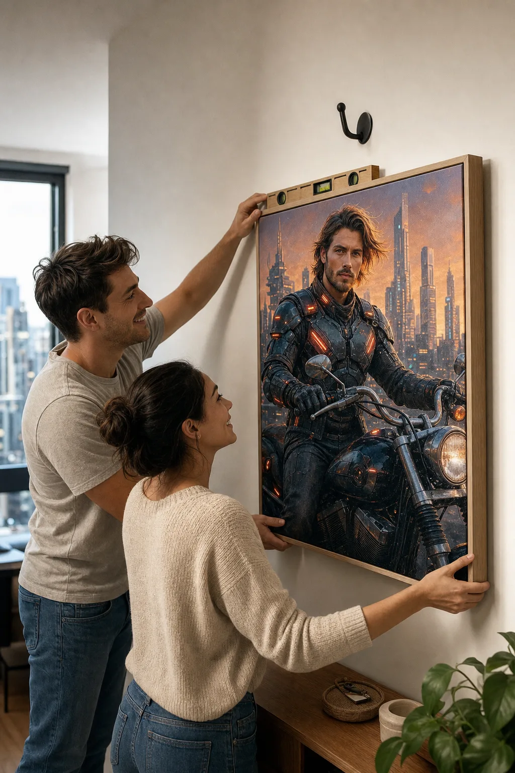 Couple hanging one of the best canvas gifts: a Futuristic portrait canvas