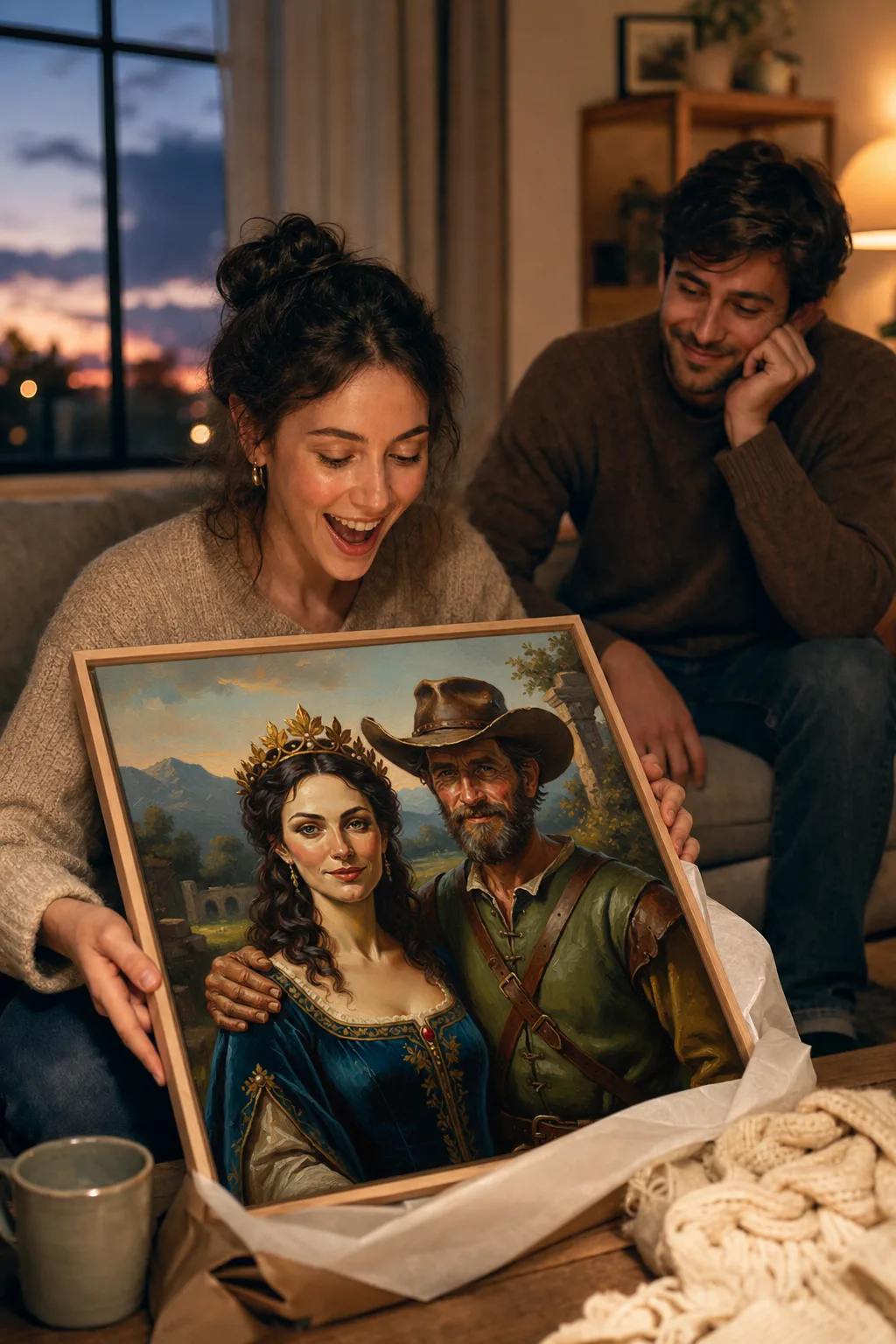 Couple unwrapping a framed portrait, one of the best gifts under $50