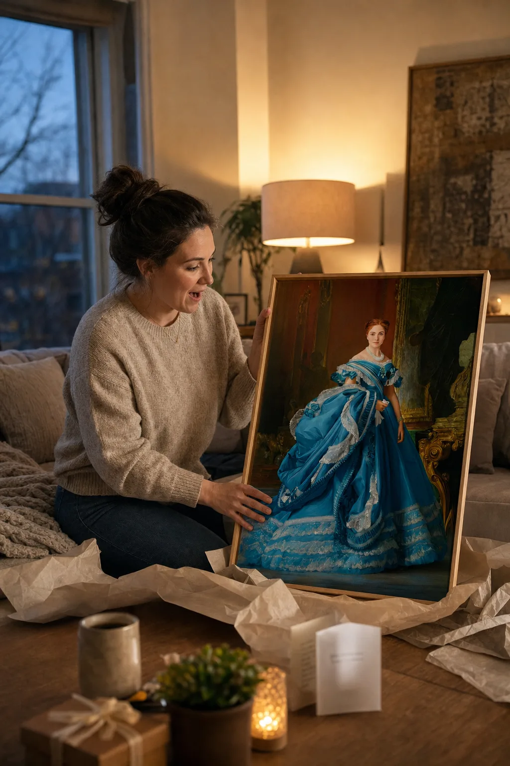Unboxing a best personalized gifts canvas queen portrait in a living room