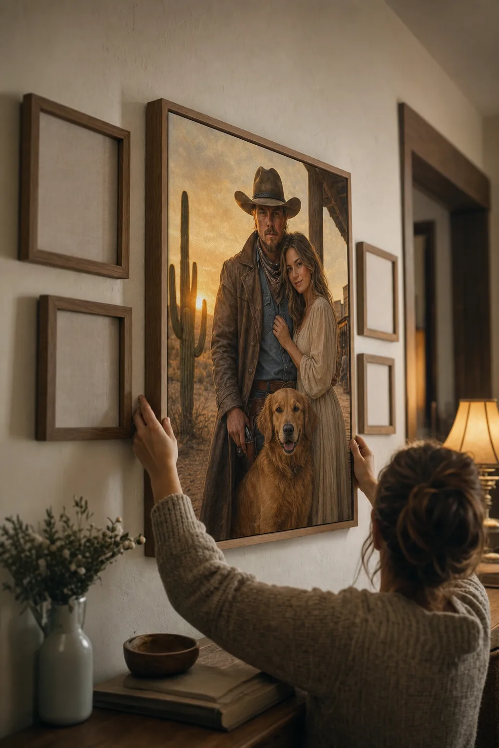 Hanging gifts for couples pet and couple canvas portrait on wall