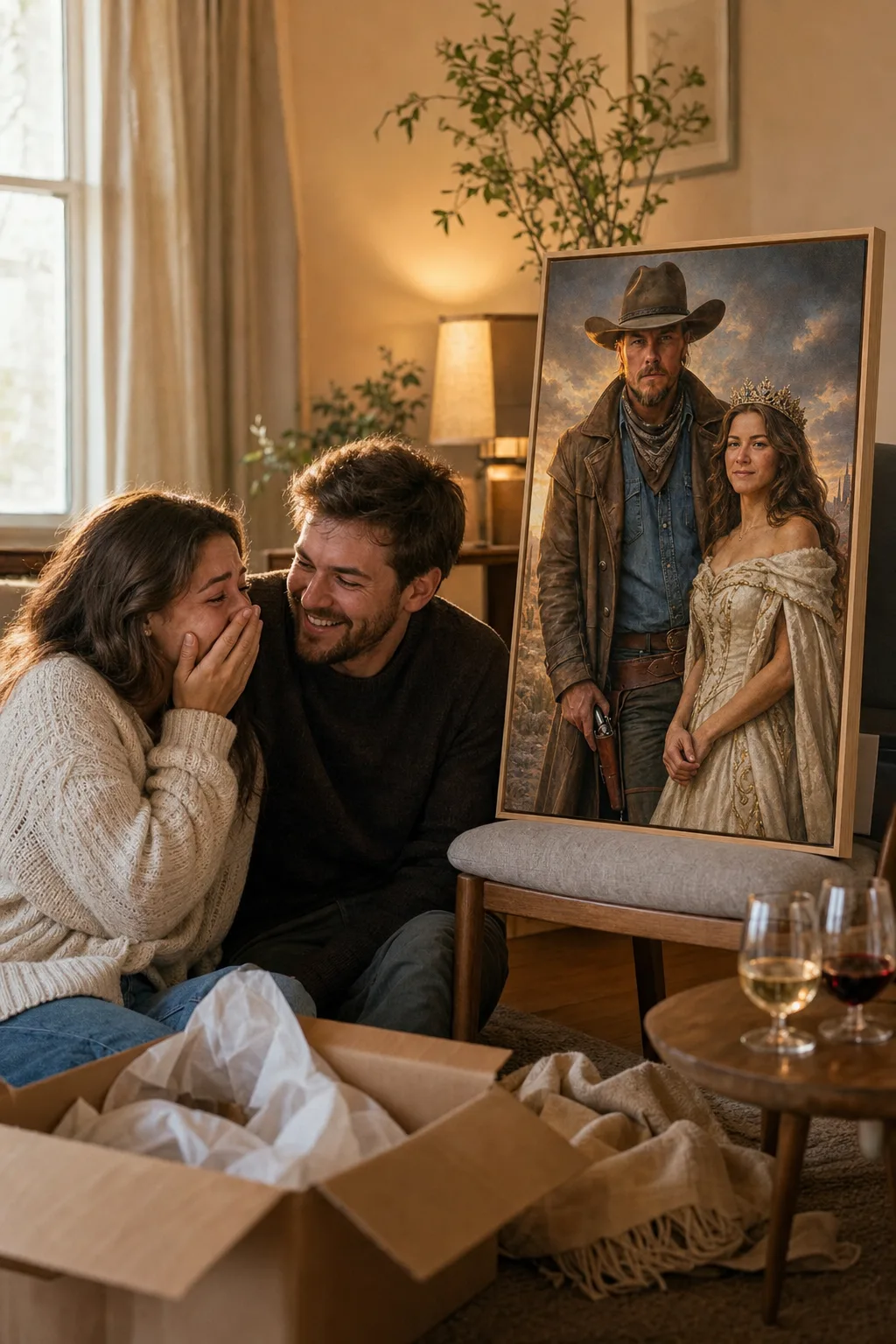 Couple reacting to gifts for couples canvas portrait in living room