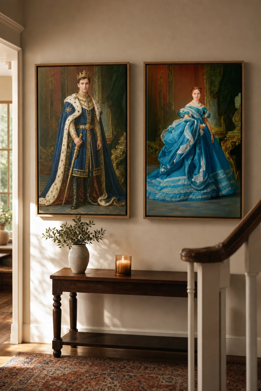 Matching couple gallery wall showing best gift for husband and queen portrait