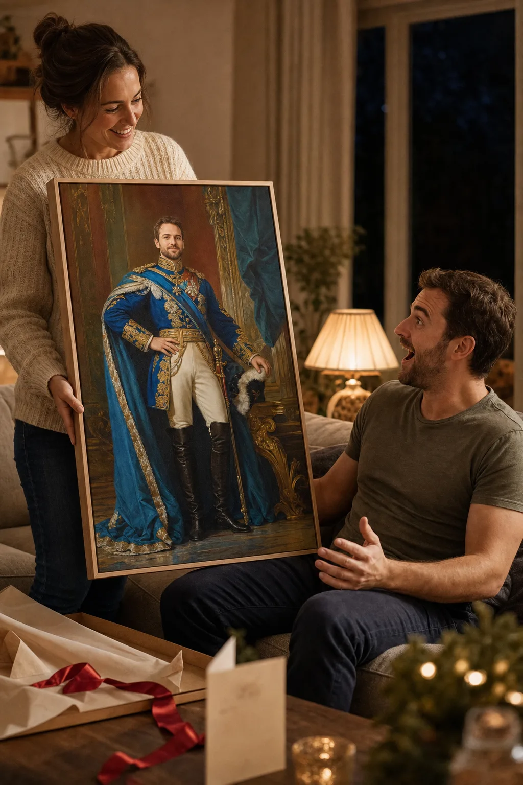 Couple revealing best gift for husband custom royal canvas portrait