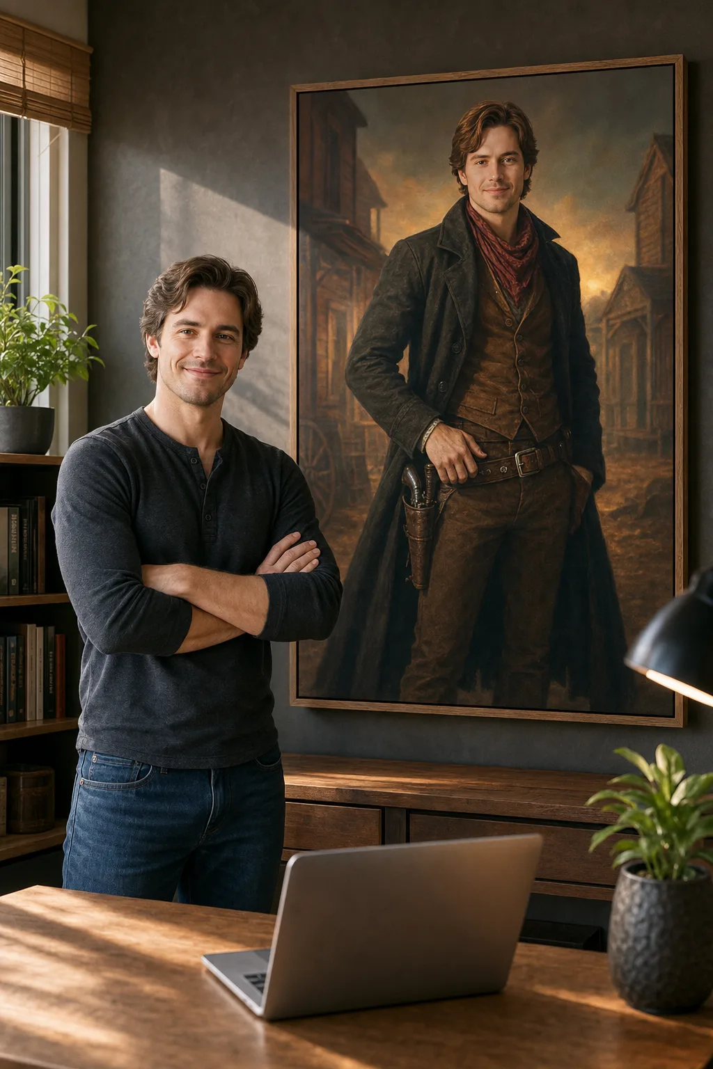 Home office wall with best gift for husband Western themed canvas portrait