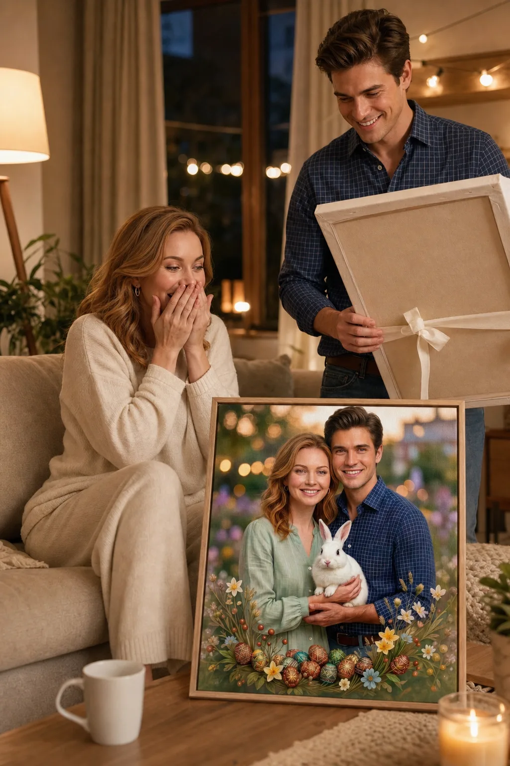 Couple reacting to personalized gift for wife custom canvas portrait