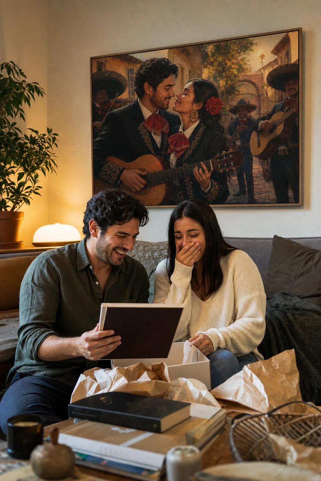 Couple reacting to personalized gifts for someone special on canvas