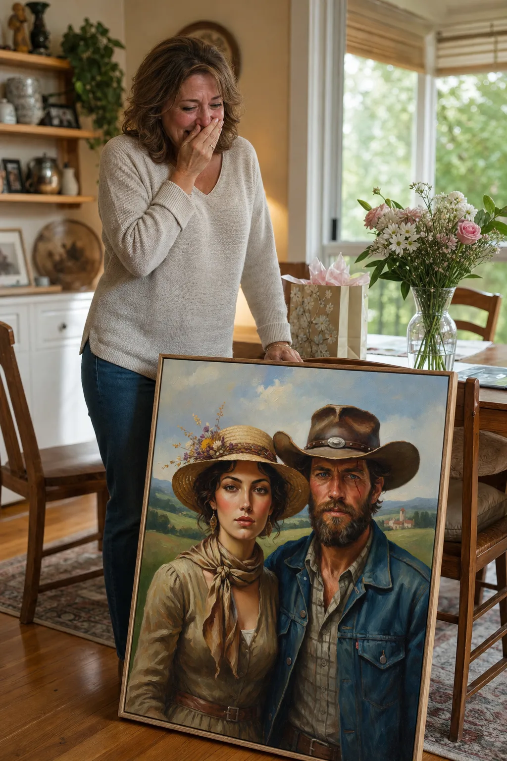 Mom reacting to a personalized Mother’s Day gift canvas portrait