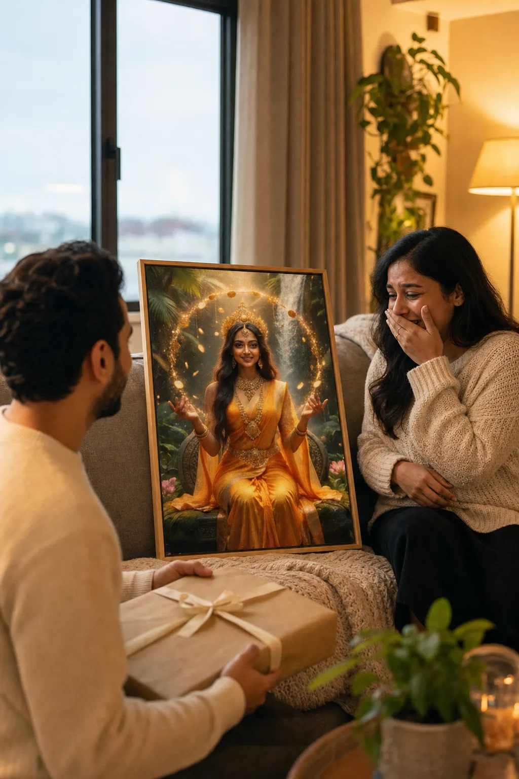 Reaction to the best personalized portrait gift on royal-themed canvas