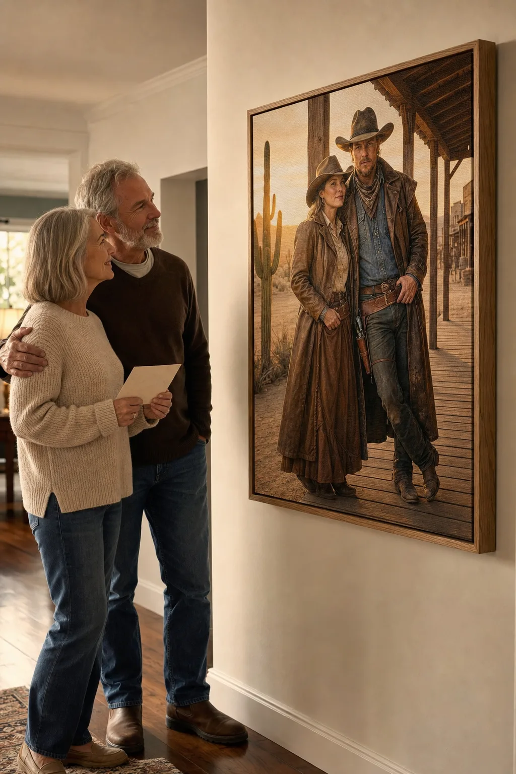 Retirement gift ideas with a couple’s custom canvas portrait on a hallway wall