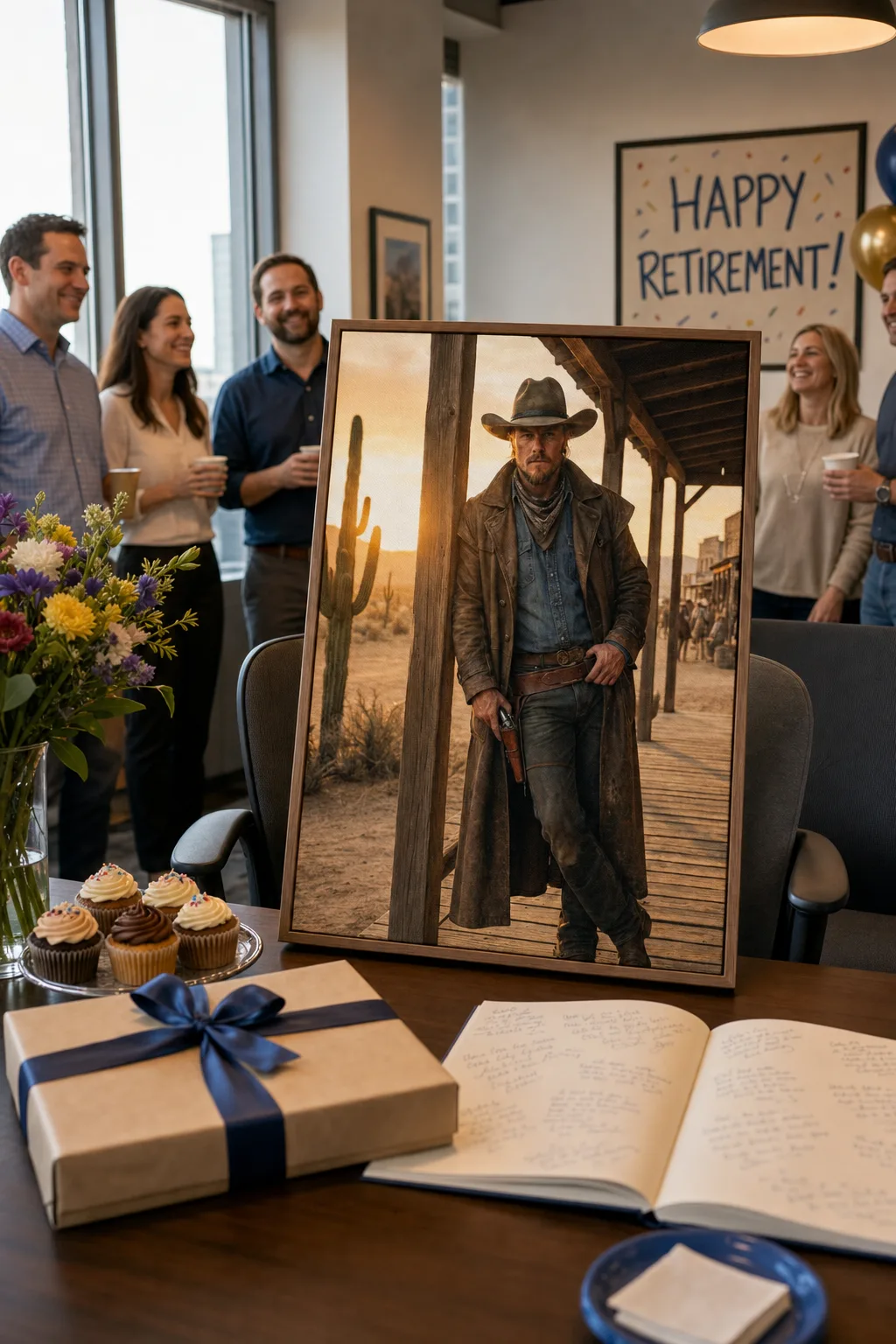 Office group retirement gift ideas featuring a custom Western canvas portrait