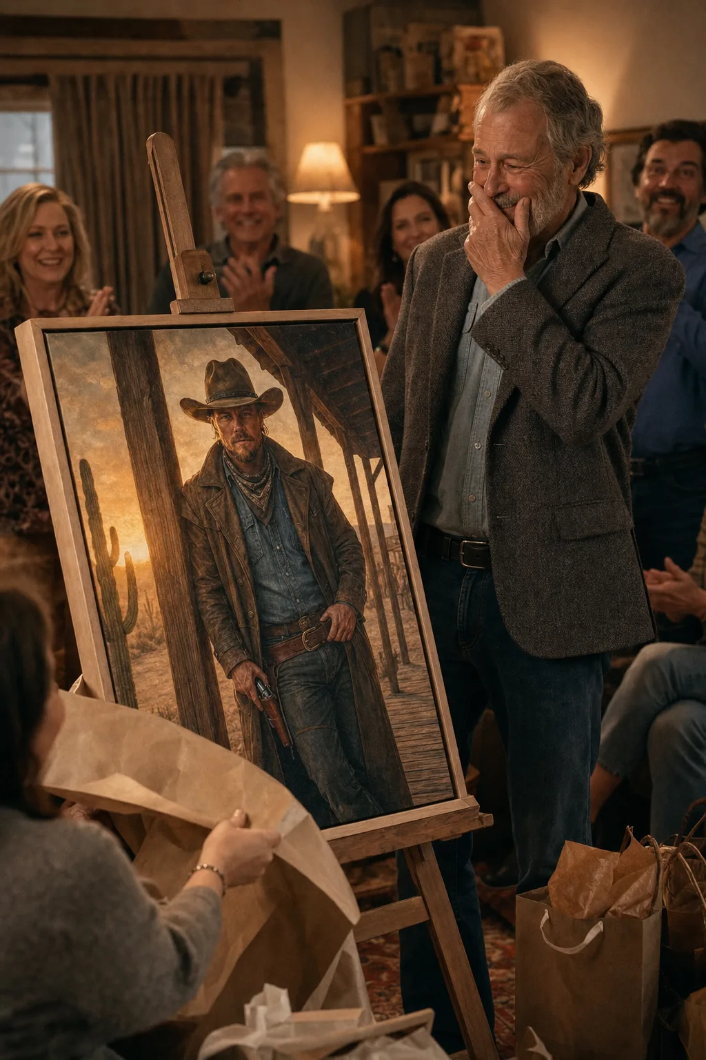 Retiree reacting to retirement gift ideas with a Western canvas portrait