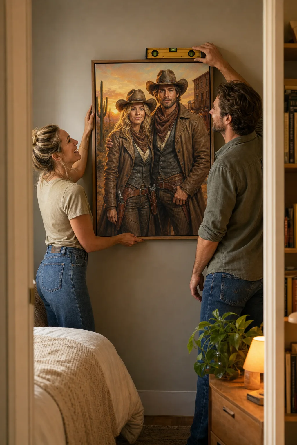 Couple hanging a Valentine's Day gift for her personalized canvas portrait