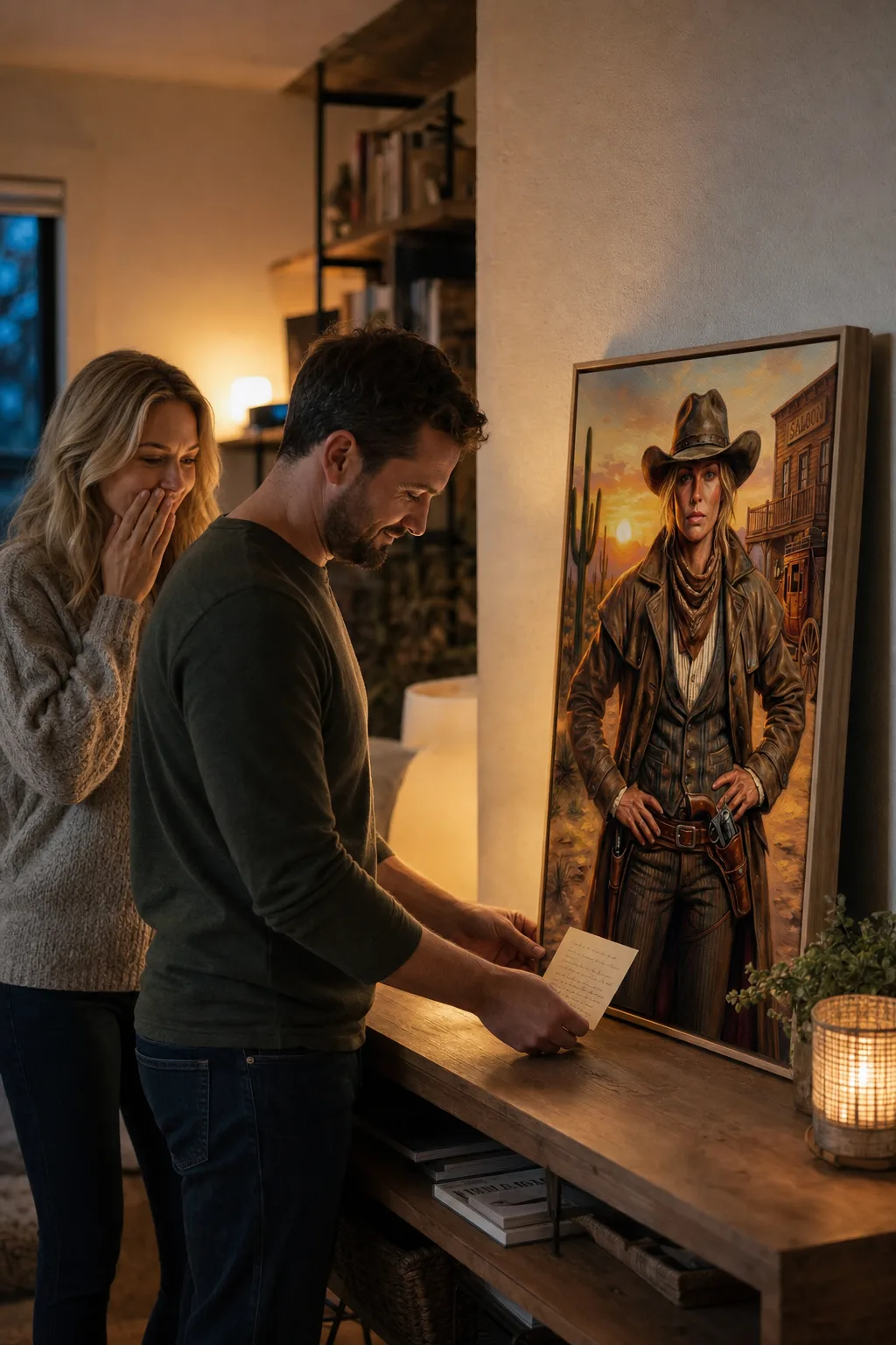 Valentine's Day gift for her cowgirl canvas portrait reveal at home