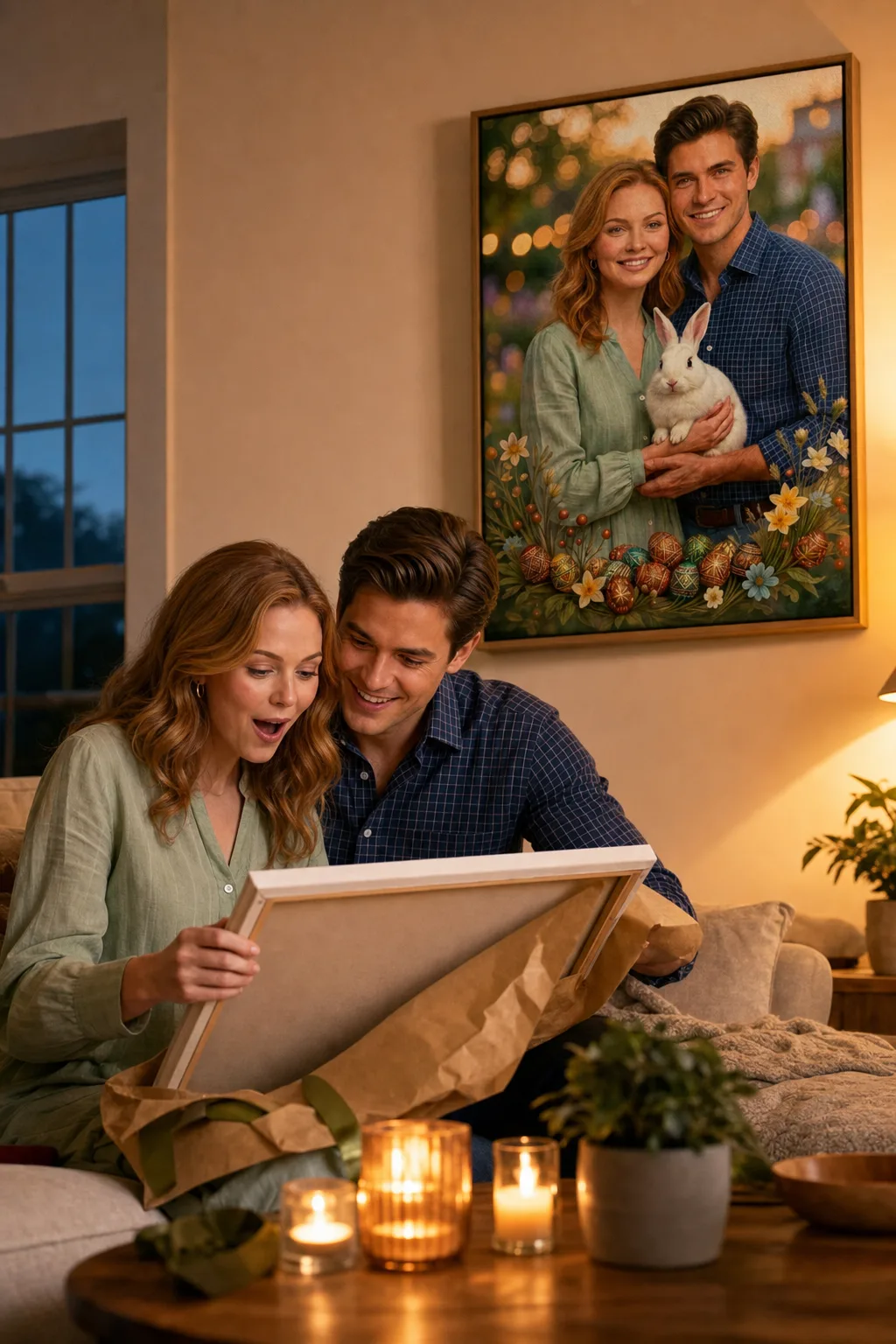 Couple reacting to a Valentine’s Day gift for them custom portrait reveal