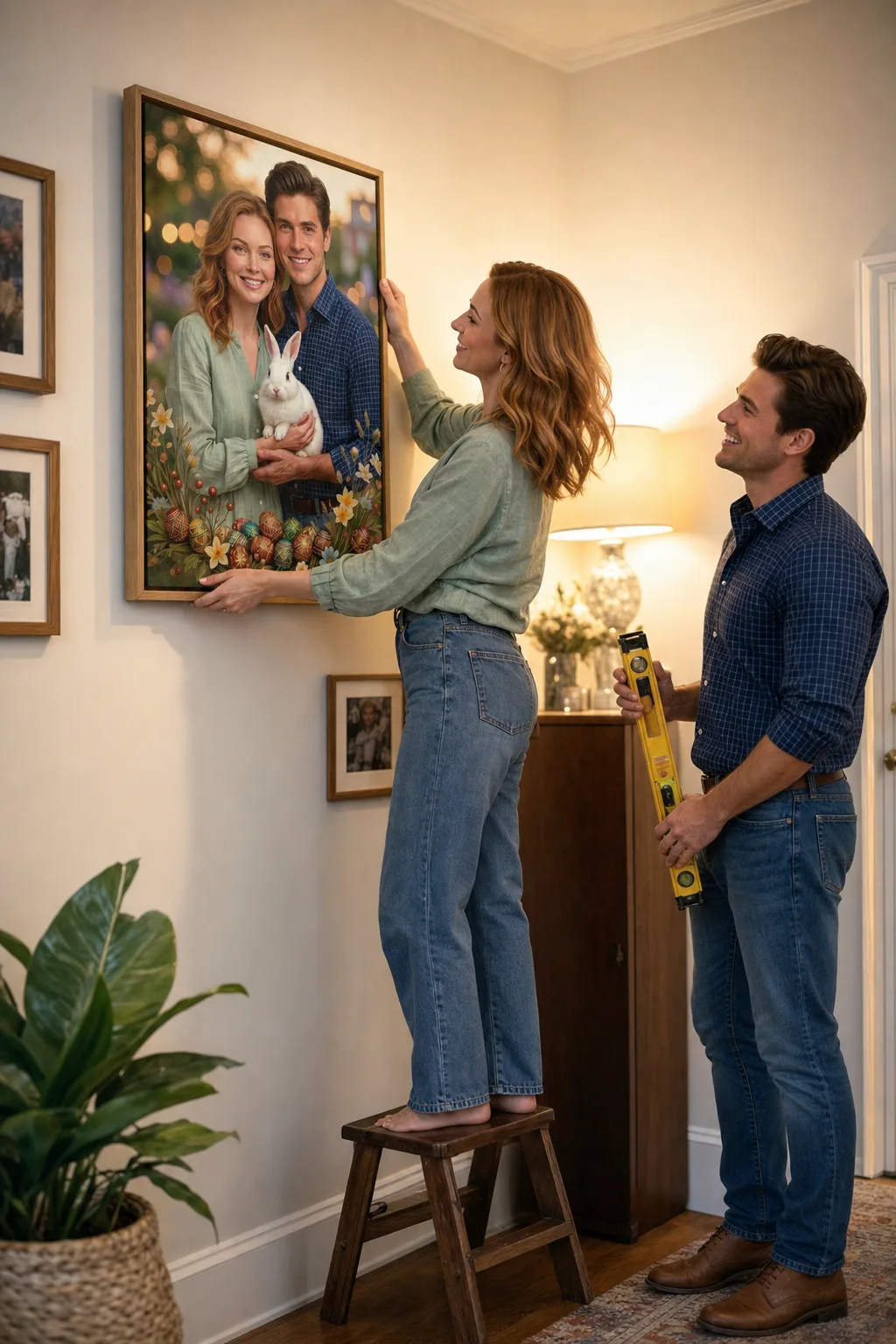 Hanging a Valentine’s Day gift for them custom couple portrait on a wall