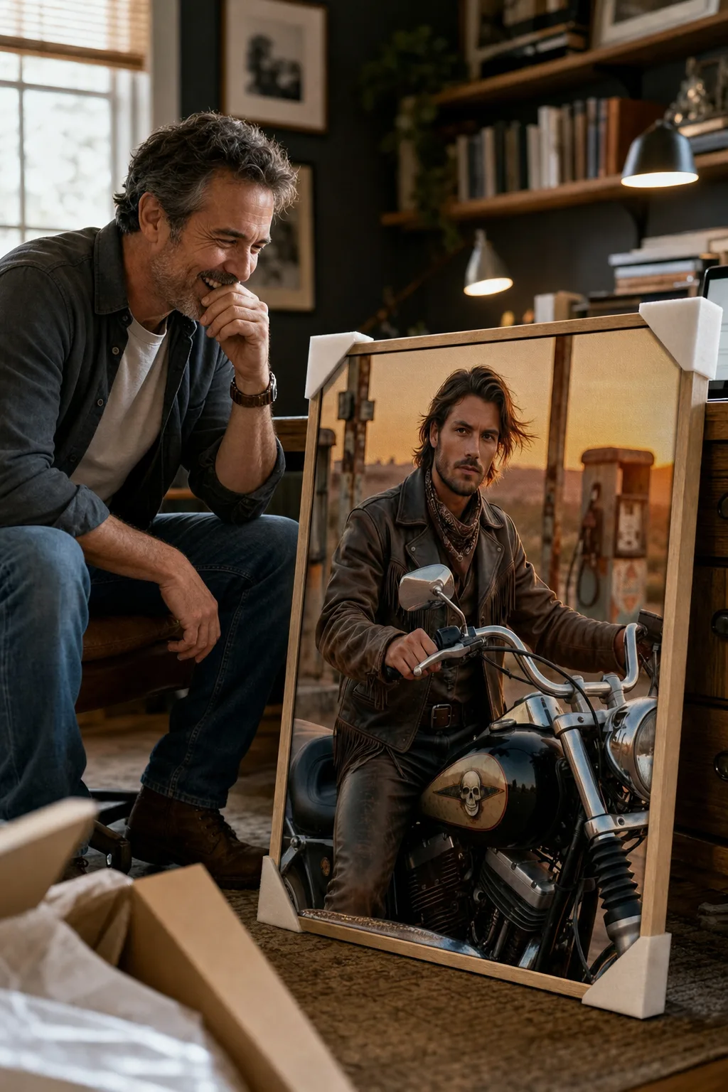 Western canvas portrait as personalized gifts for dad in a home office