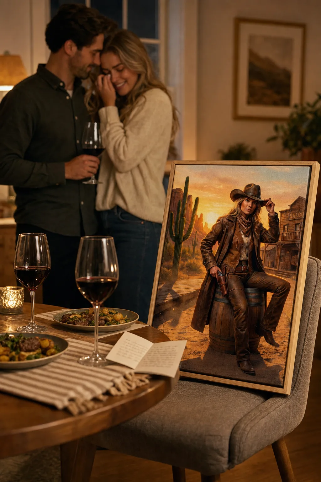 Romantic gift ideas featuring a couple portrait canvas on date night