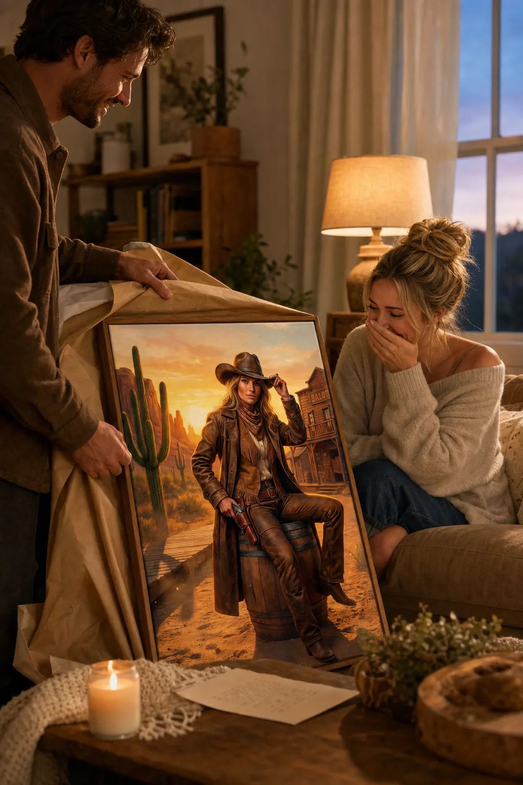 Romantic gift ideas with a Western portrait canvas reveal at home